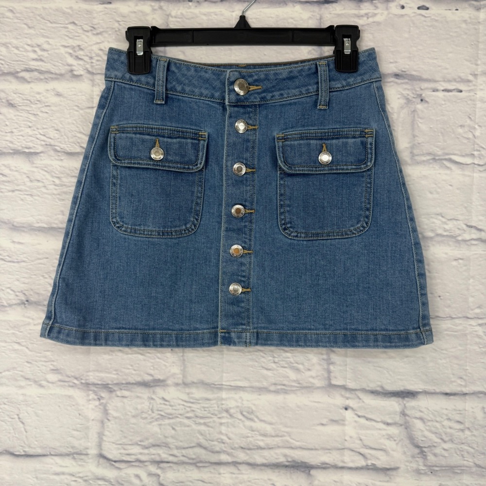 American Eagle Denim Mini Skirt Size 0 Button Front Pockets Stretch